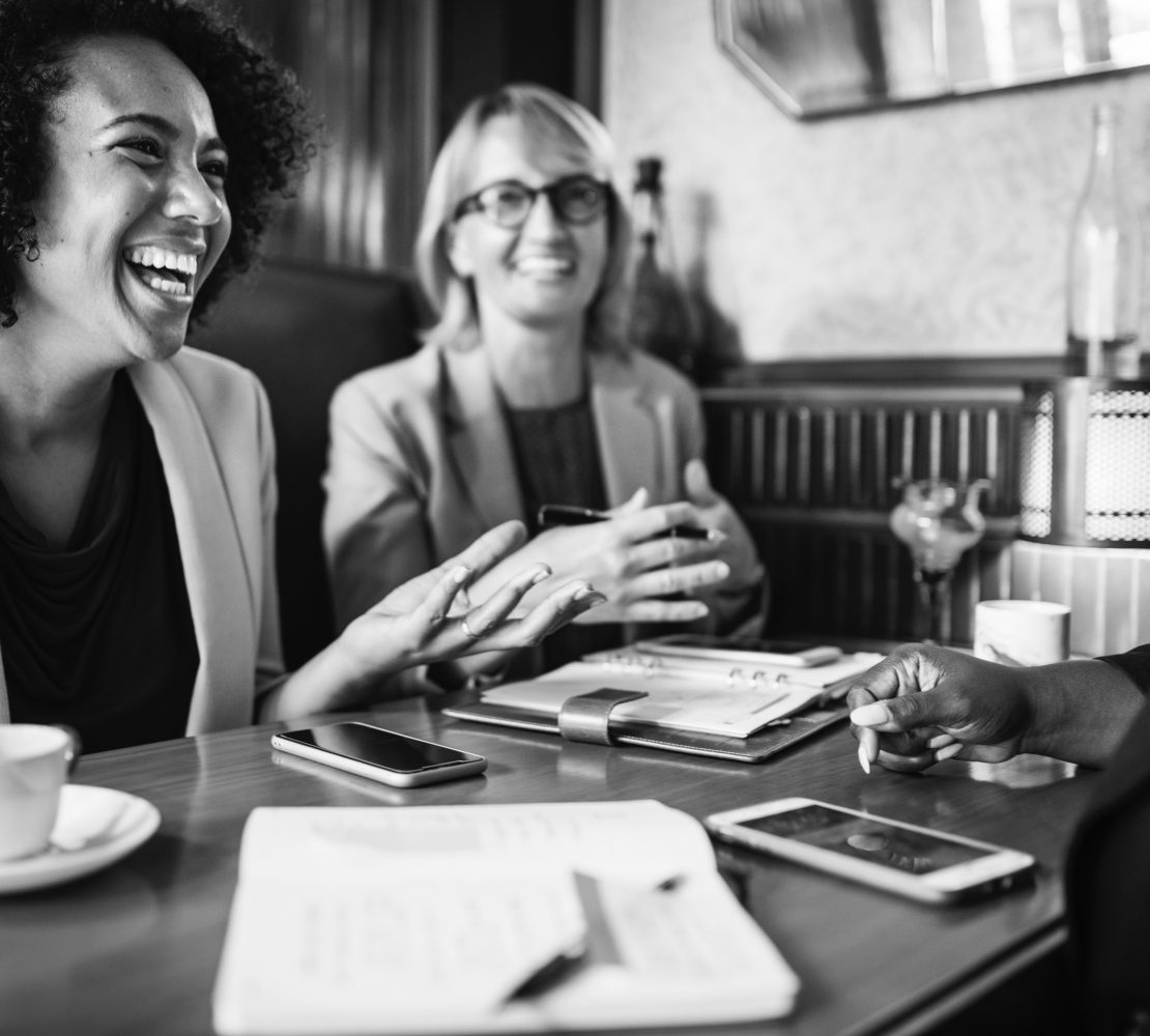 Two business advisors in conversation at a meeting table